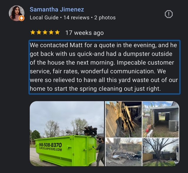 5 Star review for 15 yard dumpster rental in Broken Arrow