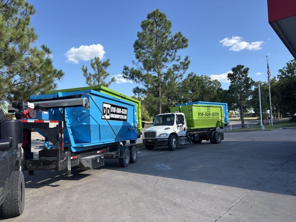 Durco roll-off truck delivering a dumpster in Broken Arrow, OK