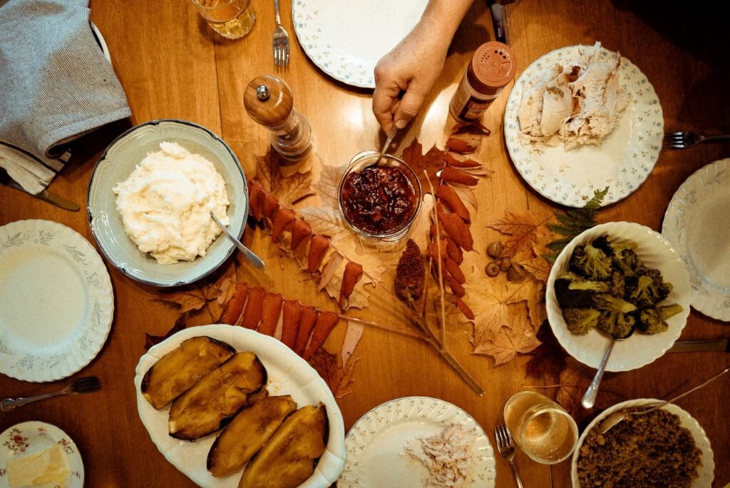 Thanksgiving dinner table set for holiday guests